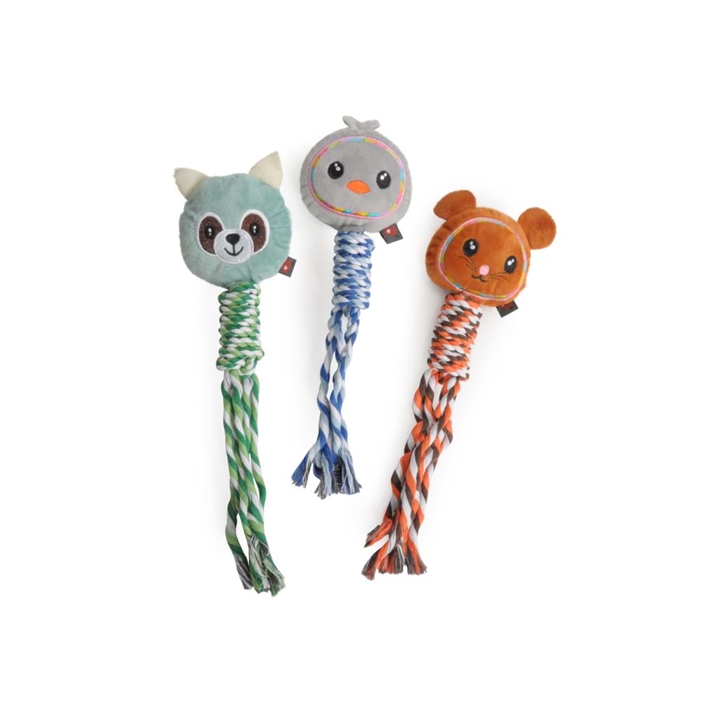 Polyester and rope dog toy, Six models w/squeaker - approx. 30cm