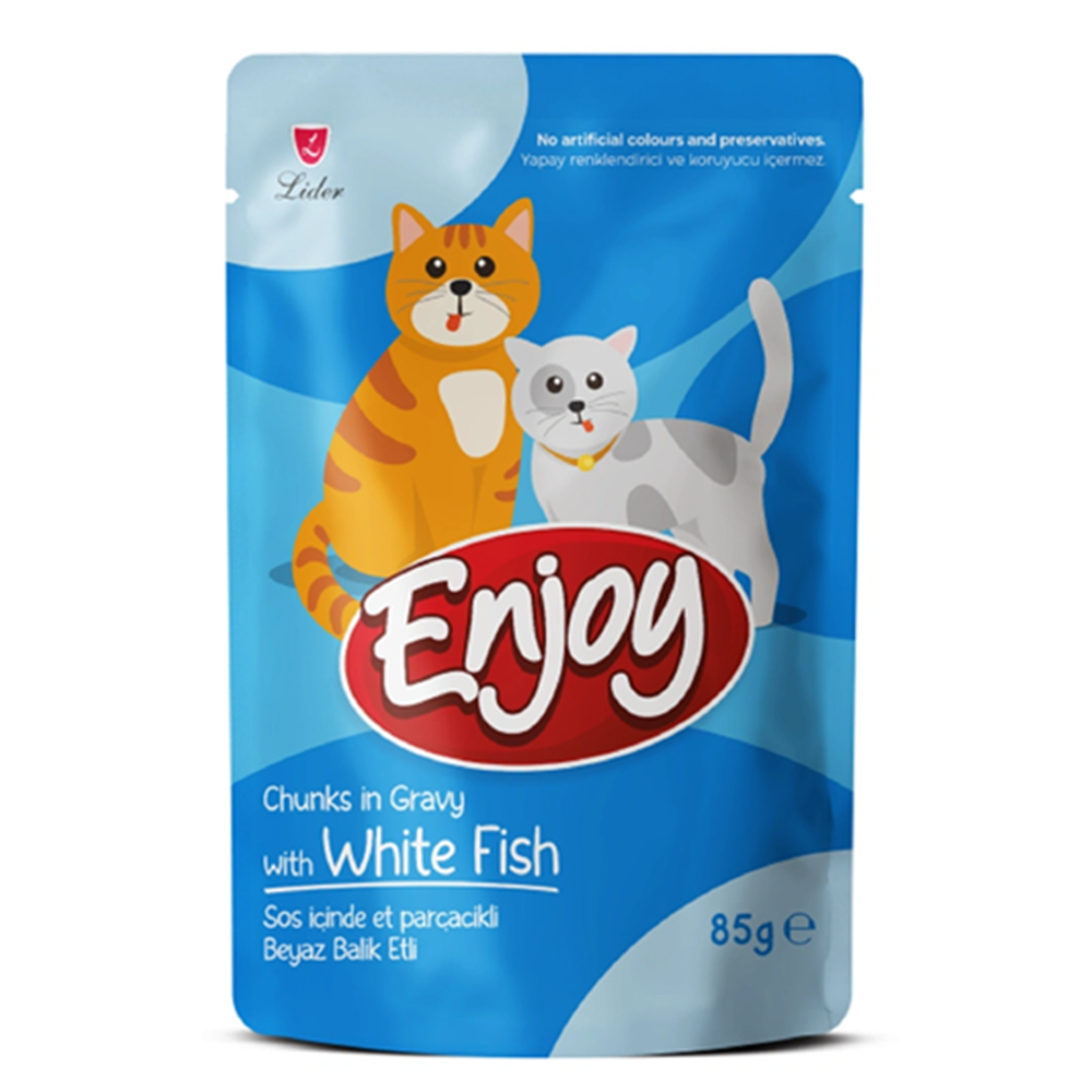 ENJOY POUCH SOS İÇİNDE ET PARÇACIKLI BEYAZ BALIKLI YETİŞKİN KEDİ MAMASI 85 G