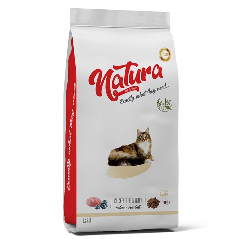 Natura Low Grain Indoor Hairball Cat Food with Chicken & Blueberry 2kg