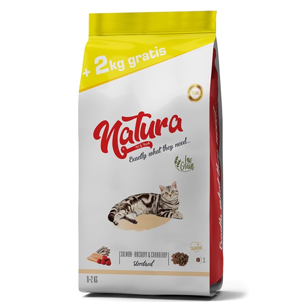 Natura Low Grain Sterilised Cat Food with Salmon,Anchovy&Cranberry 10kg