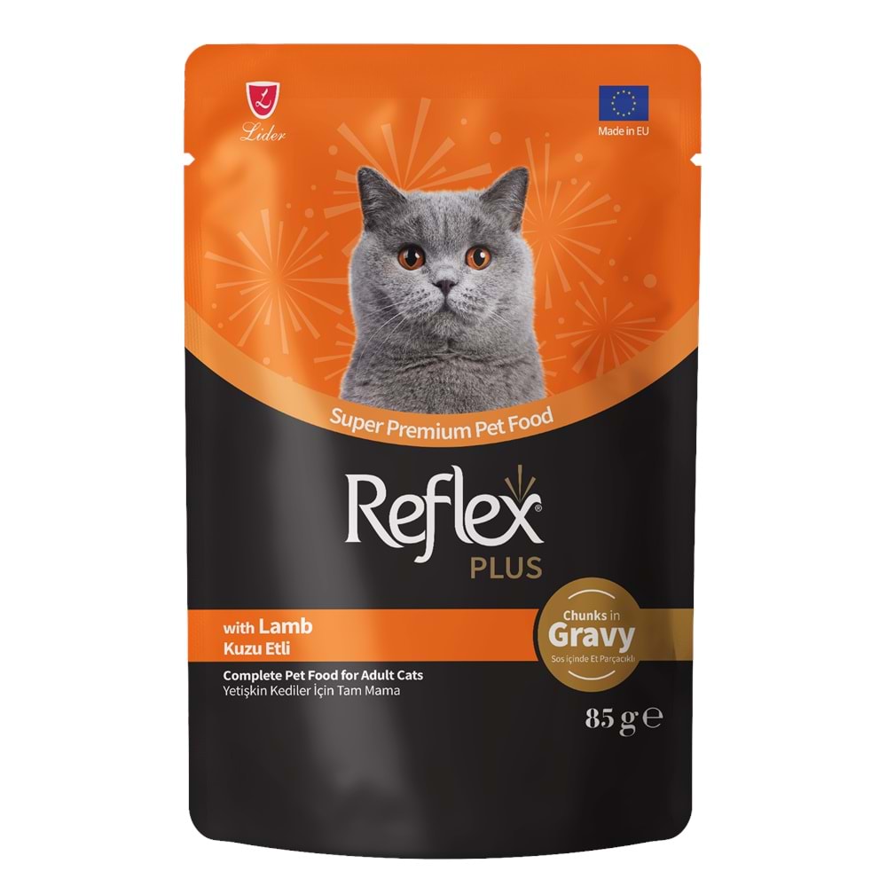 REFLEX PLUS POUCH SOS İÇİNDE ET PARÇACIKLI KUZU ETLİ YETİŞKİN KEDİ MAMASI 85 G