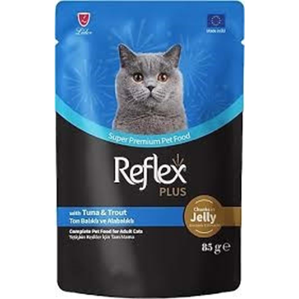 REFLEX PLUS POUCH JÖLE İÇİNDE ET PARÇACIKLI TON BALIKLI VE ALABALIKLI YETİŞKİN KEDİ MAMASI 85 G