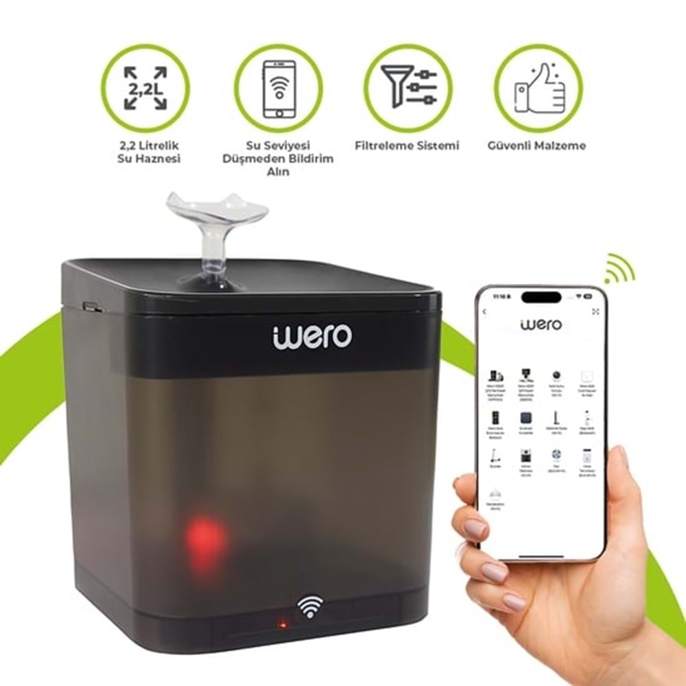 Wero Akıllı Kedi Köpek Su Şelalesi Su Pınarı Su Sebili - WiFi - Uv - 2.2 Lt Otomatik Su Temizleme – Siyah