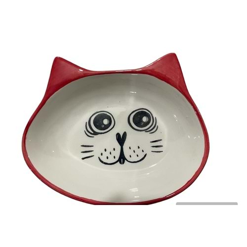 Fancy Paws Bıyıklı Kedi Seramik Mama ve Su Kabı Kırmızı