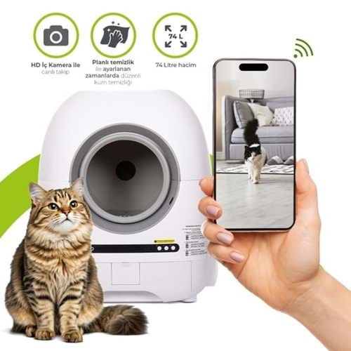 Wero FRVWHITE Akıllı Otomatik Kedi Tuvaleti/Kum Kabı Pro Beyaz, HD Kameralı, 74L+ 9L Geniş Hacim, Lazer Sensörlü, İyonizer Karbon Filtre, Hava Kanalı, 2.4G/5G WiFi Destekli,Kendi Kendini Temizleme