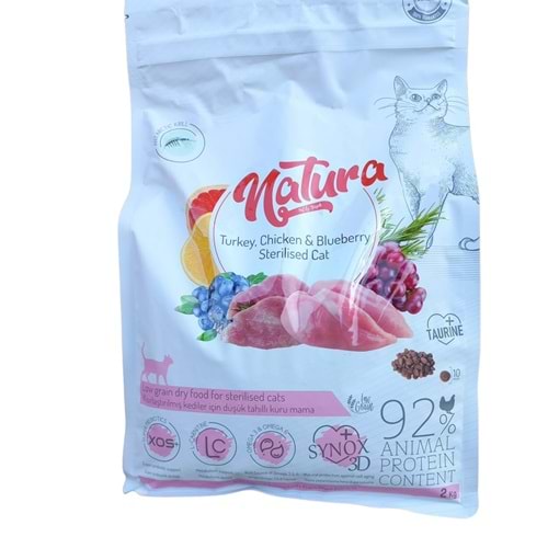 Natura Low Grain Sterilised Cat Food with Chicken,Turkey&Blueberry 2kg