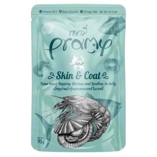 PRAMY JÖLE İÇİNDE KARİDESLİ, DENİZ TARAKLI VE TON BALIKLI YETİŞKİN KEDİ MAMASI 70G