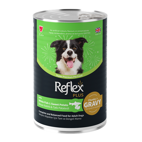 REFLEX PLUS KONSERVE SOS İÇİNDE ET PARÇACIKLI BEYAZ BALIKLI VE TATLI PATATESLİ YETİŞKİN KÖPEK MAMASI 400 G