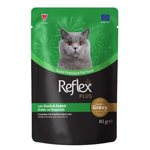 REFLEX PLUS POUCH SOS İÇİNDE ET PARÇACIKLI ÖRDEKLİ&TAVŞANLI YETİŞKİN KEDİ MAMASI 85 G