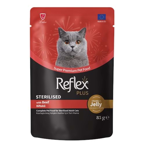 REFLEX PLUS POUCH JÖLE İÇİNDE ET PARÇACIKLI BİFTEKLİ KISIRLAŞTIRILMIŞ YETİŞKİN KEDİ MAMASI 85 G