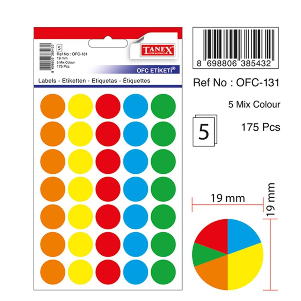 TANEX OFC-131 MİX COLOR RENKLİ YUVARLAK ETİKET 19MM