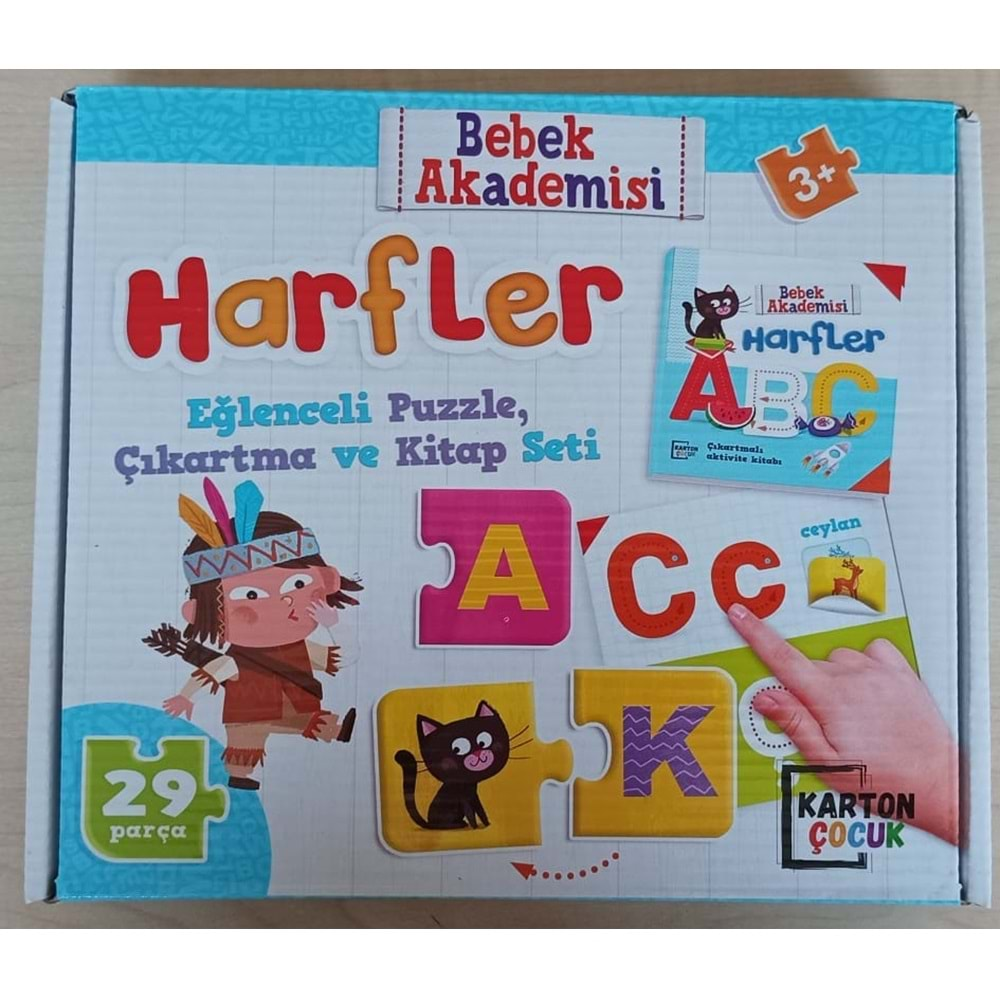 KARTON ÇOCUK BEBEK AKADEMİSİ HARFLER 29 PARÇA EĞLENCELİ PUZZLE ÇIKARTMA VE KİTAP SETİ