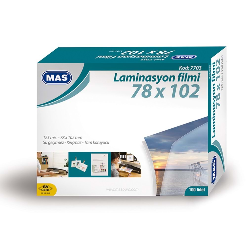 MAS LAMİNASYON FİLMİ 78X102 100LÜ PAKET 125 MİC. 7703