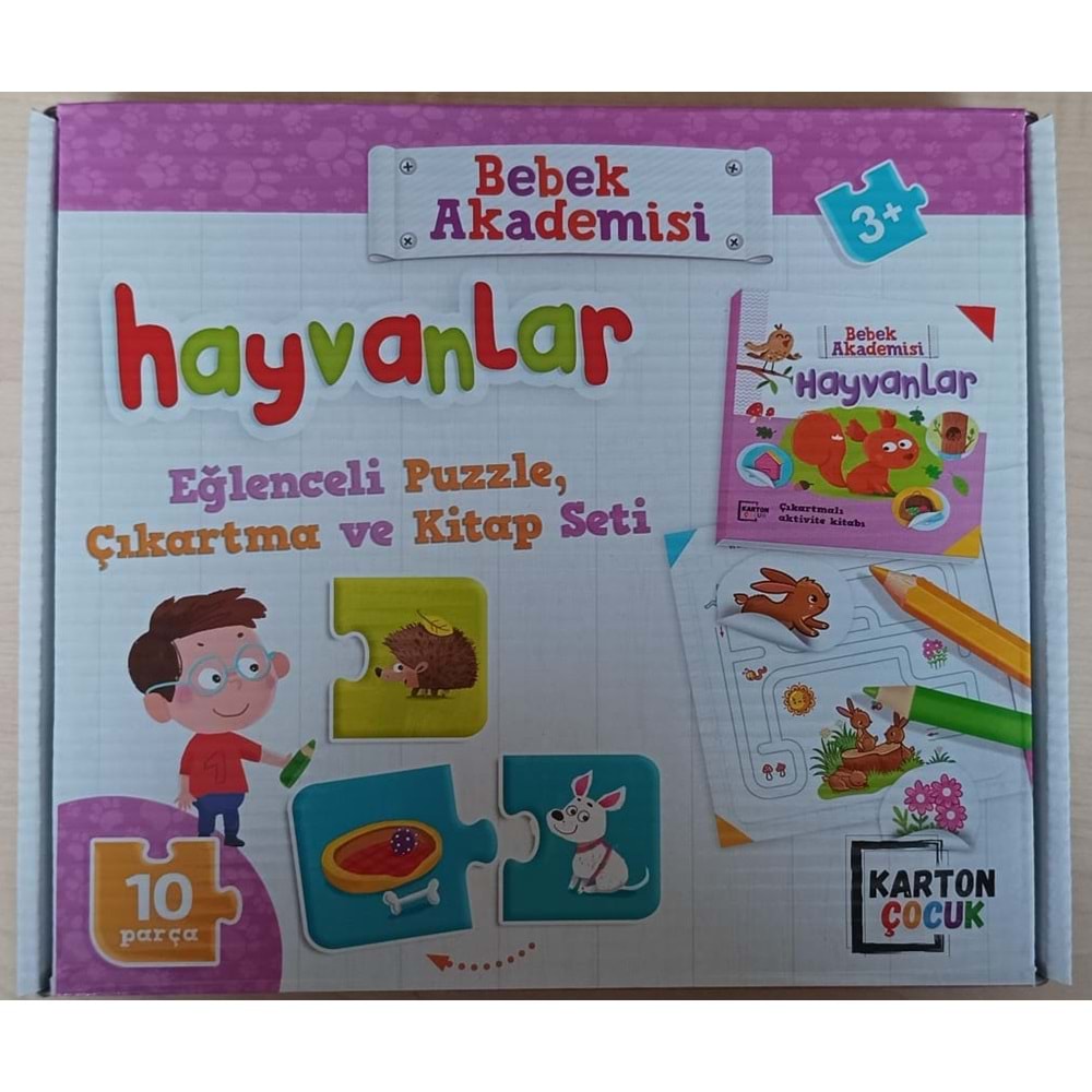 KARTON ÇOCUK BEBEK AKADEMİSİ HAYVANLAR EĞLENCELİ PUZZLE,ÇIKARTMA VE KİTAP SETİ 10 PARÇA 3+YAŞ