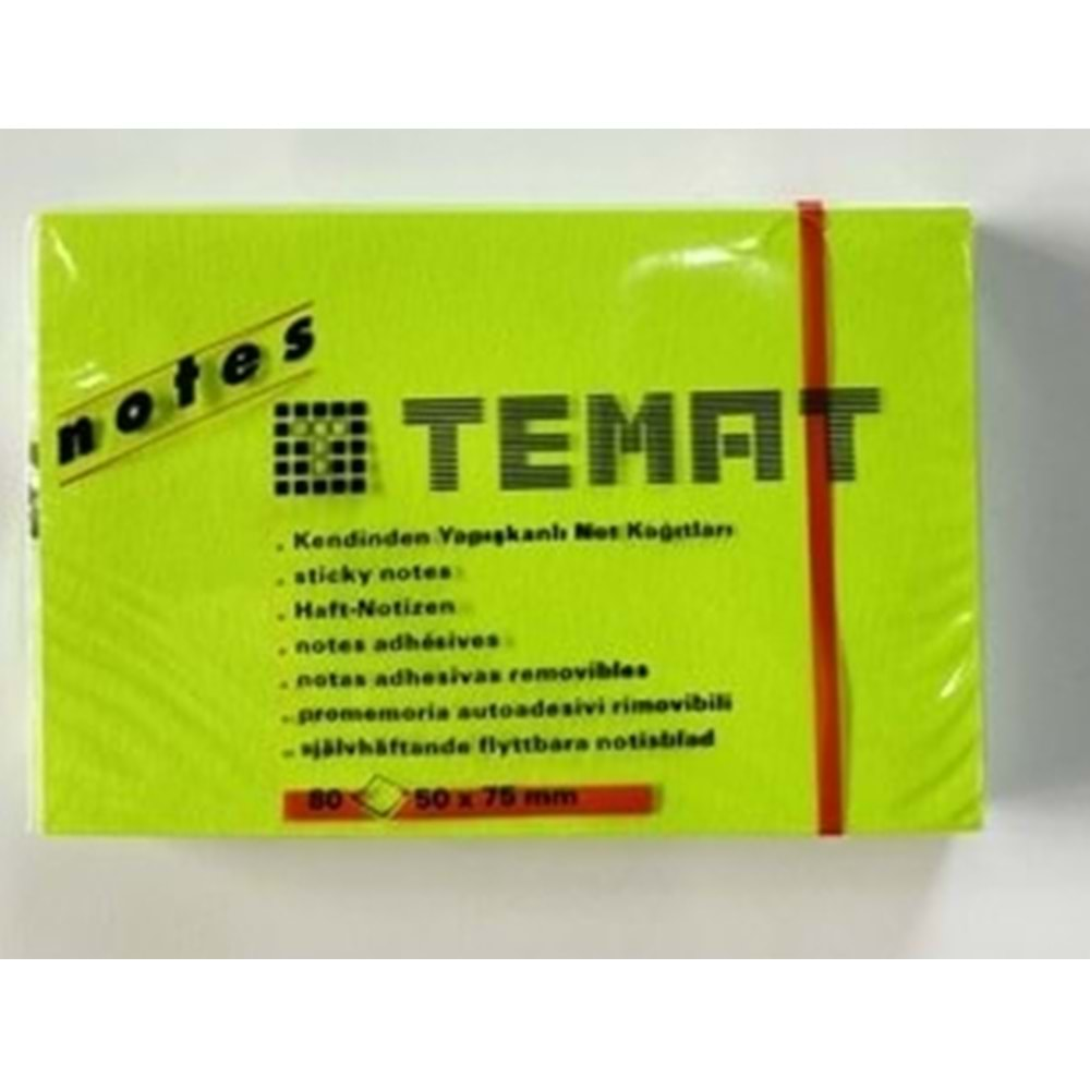 TEMAT YAPIŞKANLI NOT KAĞIDI 50*75 MM FOSFORLU YEŞİL-11074