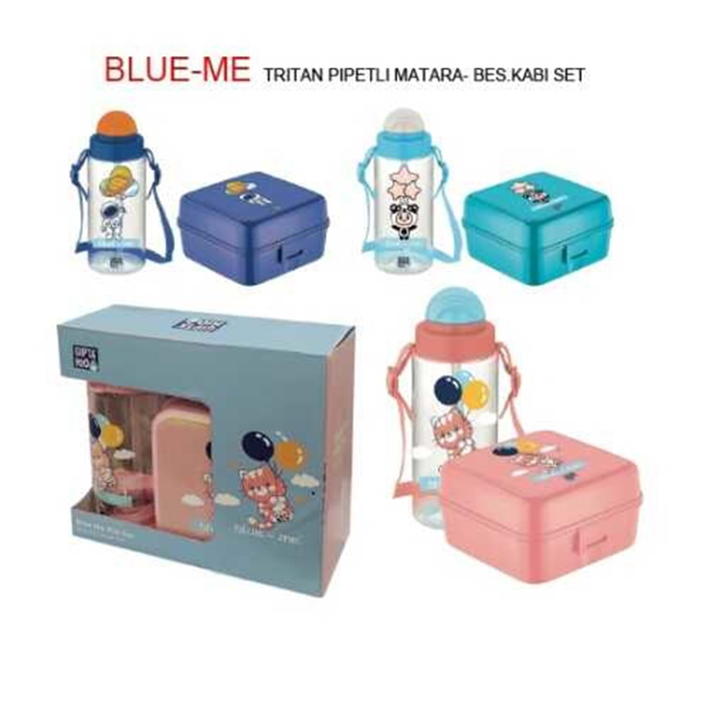 GIPTA BLUE-ME 500 ML DESENLİ PİPETLİ TRİTAN MATARA+BESLENME KABI SET