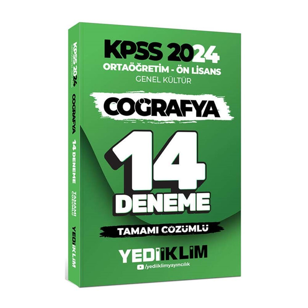 YEDİİKLİM KPSS ORTAÖĞRETİM-ÖN LİSANS GENEL KÜLTÜR COĞRAFYA TAMAMI ÇÖZÜMLÜ 14 DENEME-2024