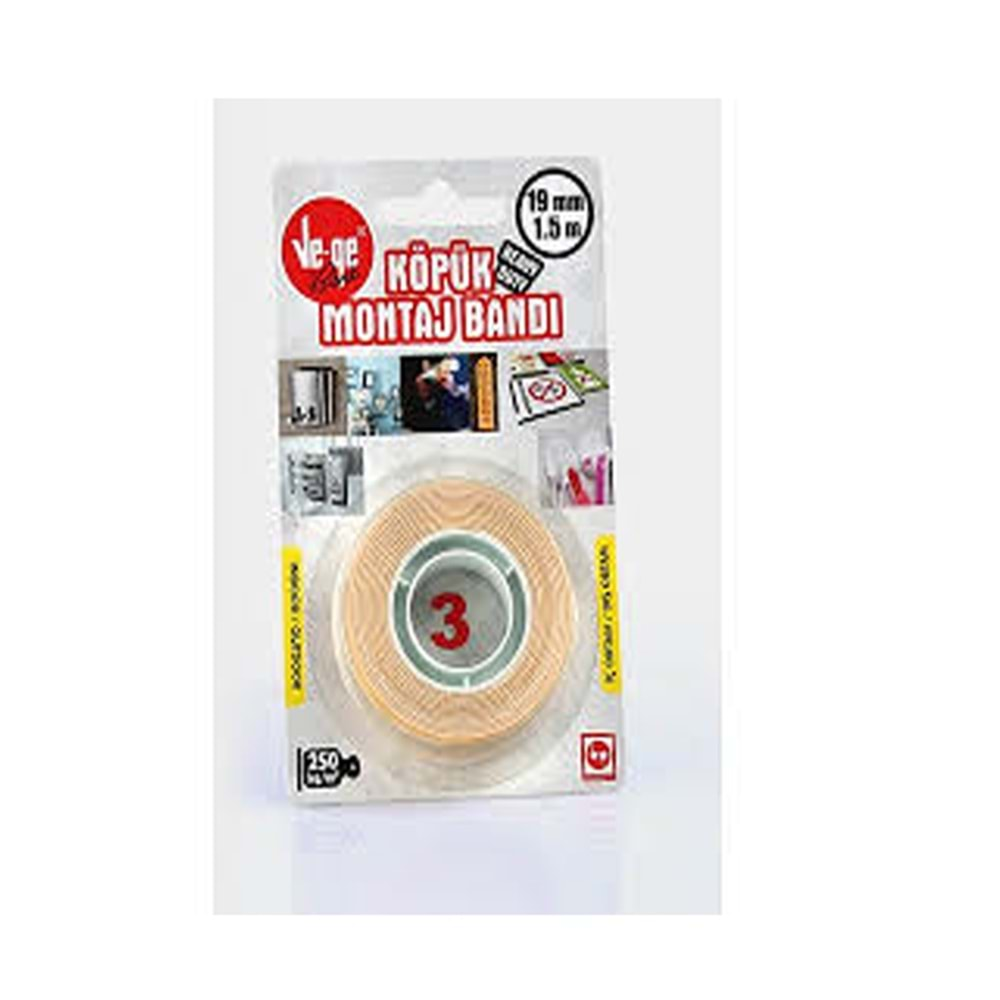 VEGE ÇİFT TARAFLI KÖPÜK BANT 19MM*1,5MT NO:3 İÇ DIŞ ORTAM