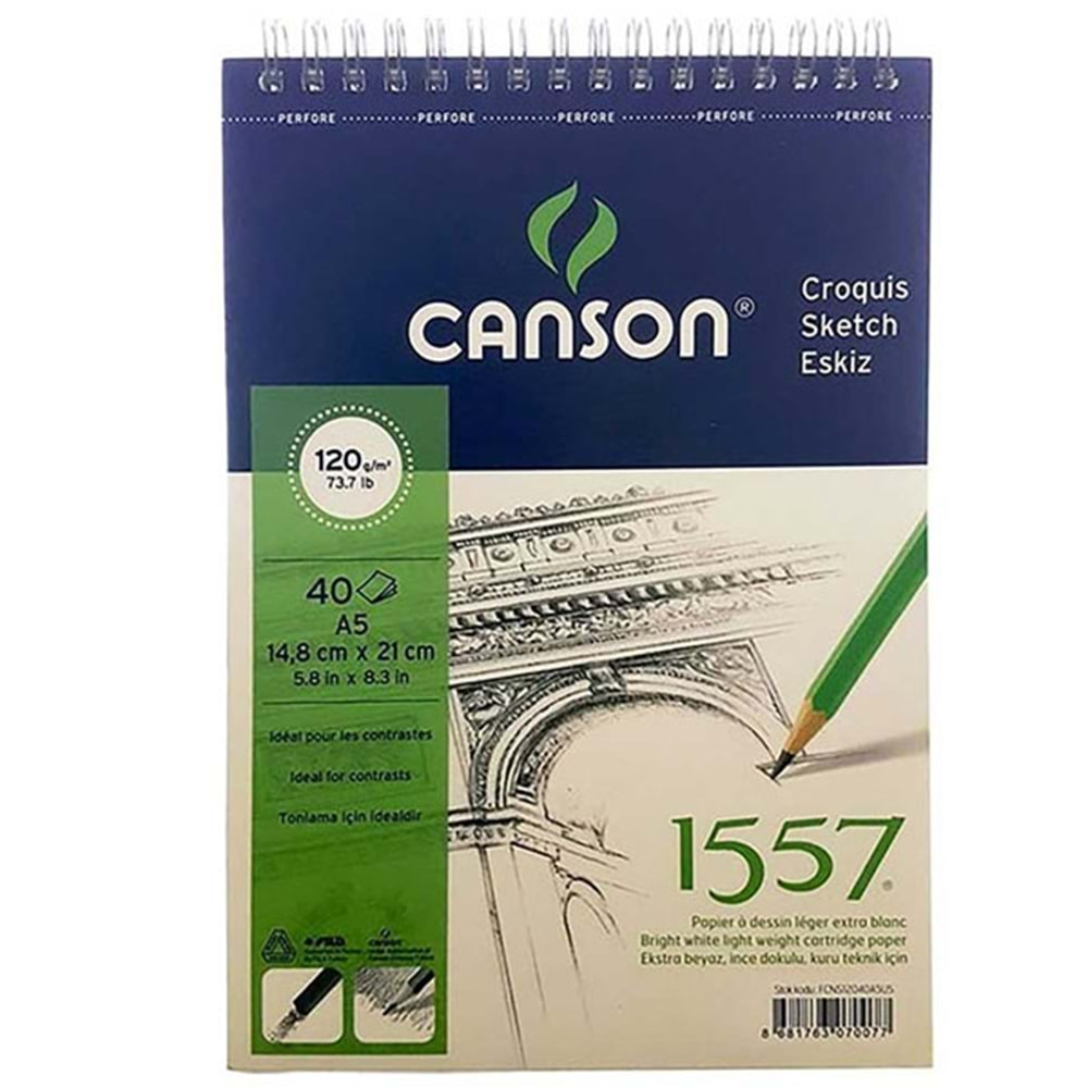 CANSON TEKNİK RESİM DEFTERİ BLOK ÜSTTEN SPİRALLİ A5 40 YAPRAK 120 GR-FCNS12040A5US