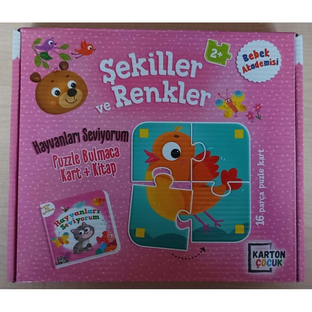 KARTON ÇOCUK BEBEK AKADEMİSİ ŞEKİLLER VE RENKLER HAYVANLARI SEVİYORUM PUZZLE BULMACA KART+KİTAP 2+YAŞ