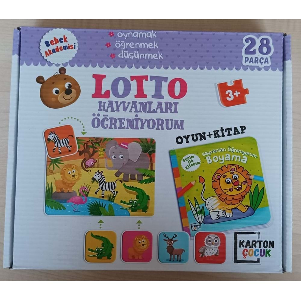 KARTON ÇOCUK BEBEK AKADEMİSİ LOTTO HAYVANLARI ÖĞRENİYORUM OYUN+KİTAP 28 PARÇA 3+YAŞ