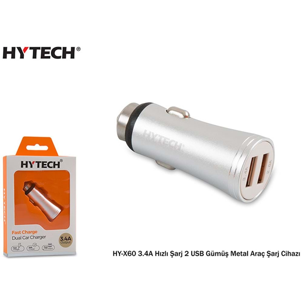 HYTECH ÇİFT ÇIKIŞLI GÜMÜŞ ARAÇ ŞARJ CİHAZI USB2.0 HY-X60