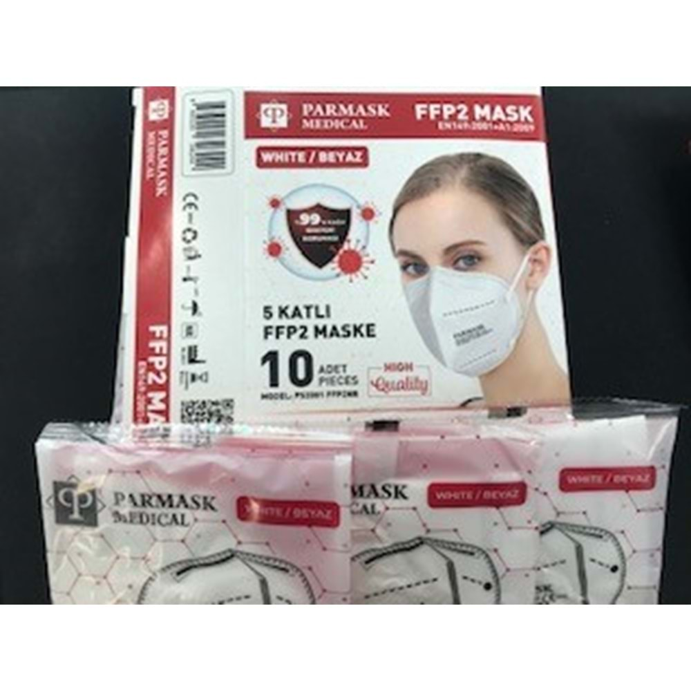 PARMASK PS2001 FFP2NR 10 LU 5 KATLI BEYAZ TEK TEK POŞETLİ