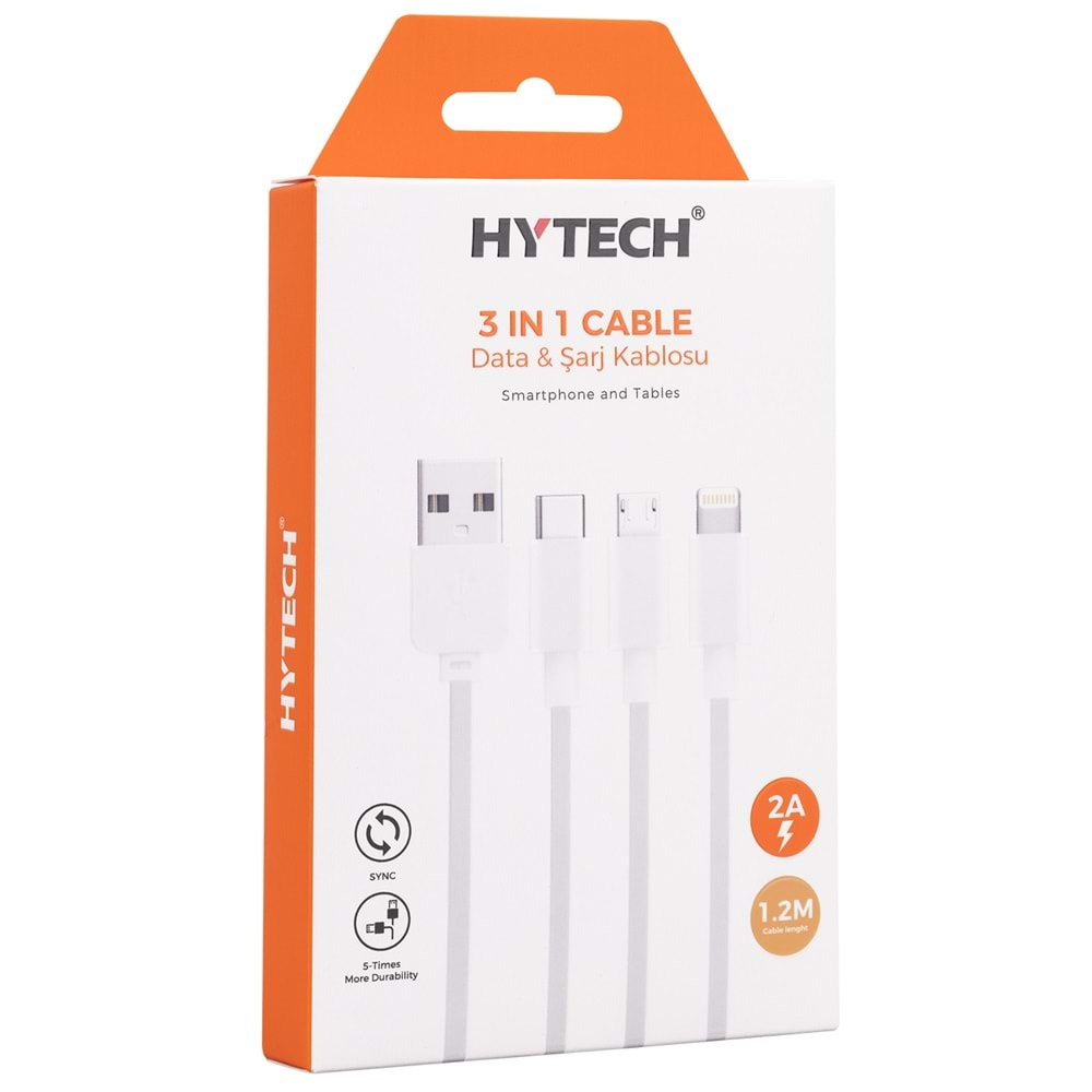 HYTECH HY-X117 3 İN 1 TYPE-C-LİGHTNİNG+MİCRO 1.2 M BEYAZ ŞARJ KABLOSU