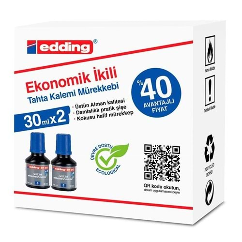 EDDİNG TAHTA KALEM MÜREKKEBİ MAVİ 30 ML 2 Lİ EDBT30K203