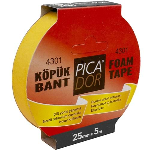 PİCADOR ÇİFT TARAFLI BANT KÖPÜK RULO ASKILI 25MM*5M 4301