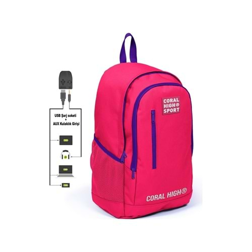 YAYGAN CORAL HIGH SPORT (USB+AUX SOKETLİ) FUŞYA OKUL VE GÜNLÜK SIRT ÇANTASI-23235