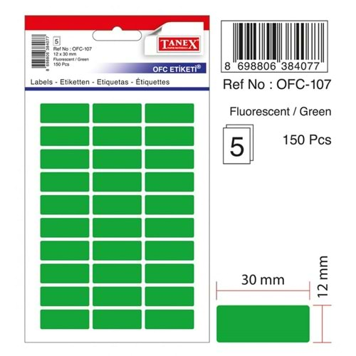 TANEX OFC-107 YEŞİL OFİS ETİKETİ 5 ADET 12*30MM