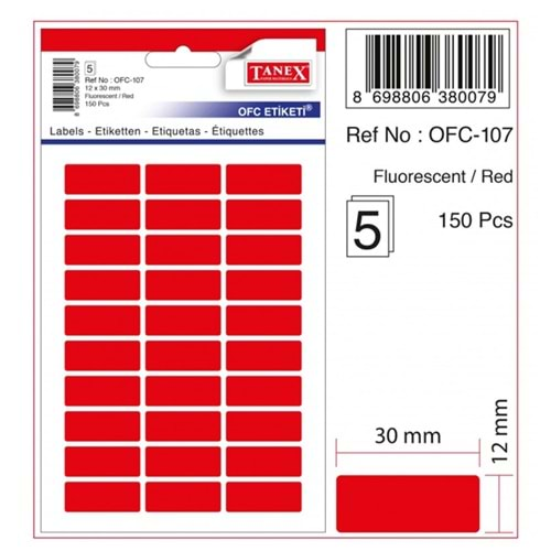 TANEX OFC-107 KIRMIZI OFİS ETİKETİ 5 ADET 12*30MM