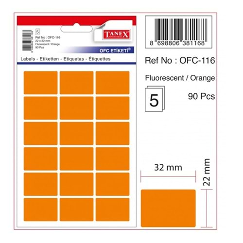 TANEX OFC-116 TURUNCU OFİS ETİKETİ 5 ADET 22*32MM