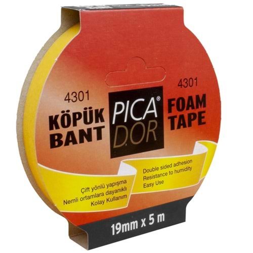 PİCADOR ÇİFT TARAFLI BANT KÖPÜK RULO ASKILI 19MM*5M 4301