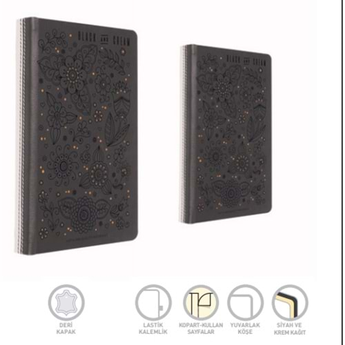 GIPTA BLACK&CREAM 13X21 İP DİKİŞLİ DERİ KAPAKLI 120 YAPRAK SİYAH VE KREM SAYFALI DEFTER 5313