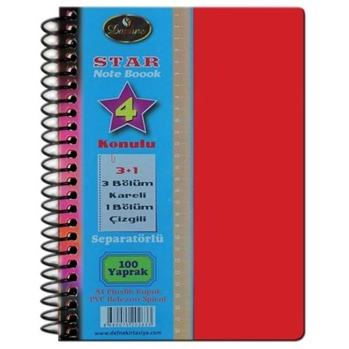 DEFNE STAR PP KAPAK A4 3+1 100 YAPRAK SEPARATÖRLÜ AYRAÇLI DEFTER-DFN-2633