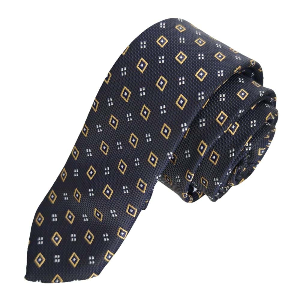 Gold Checkered Jacquard Woven Slim Fashion Slim Tie on Navy Blue