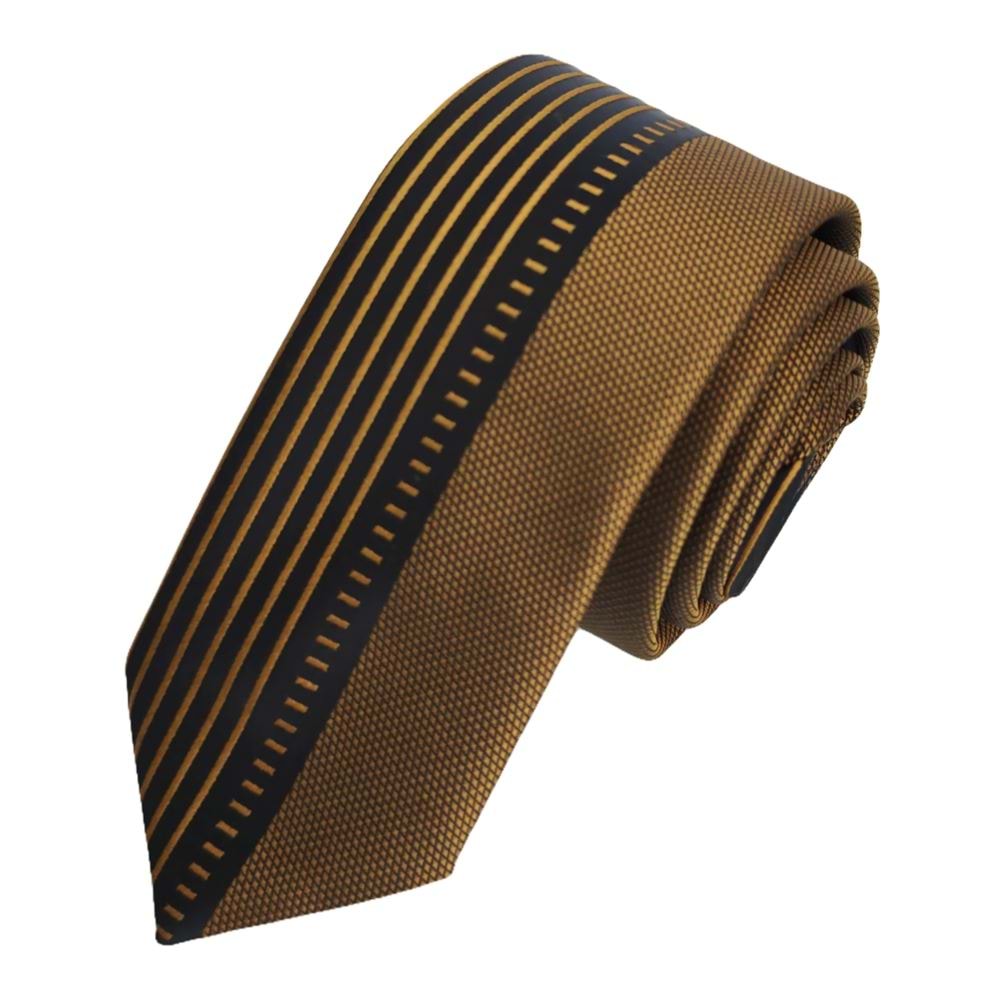 Gold Copper Striped Black Custom Panel Cut Slim Fashion Slim Tie