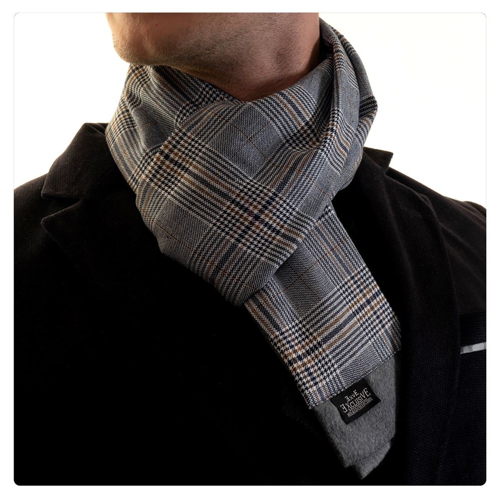 Gray Blue Checkered Wool Mens Scarf