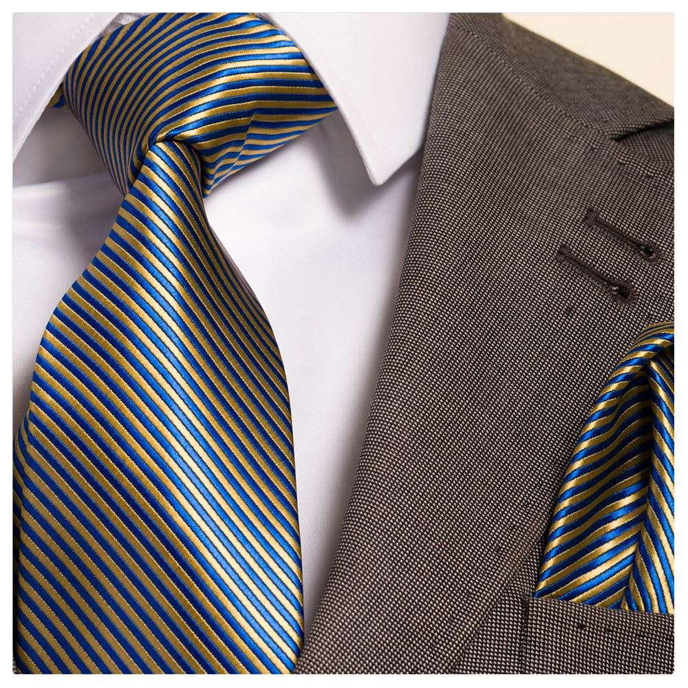 Yellow and Blue Striped Tie & Pocket Square Set