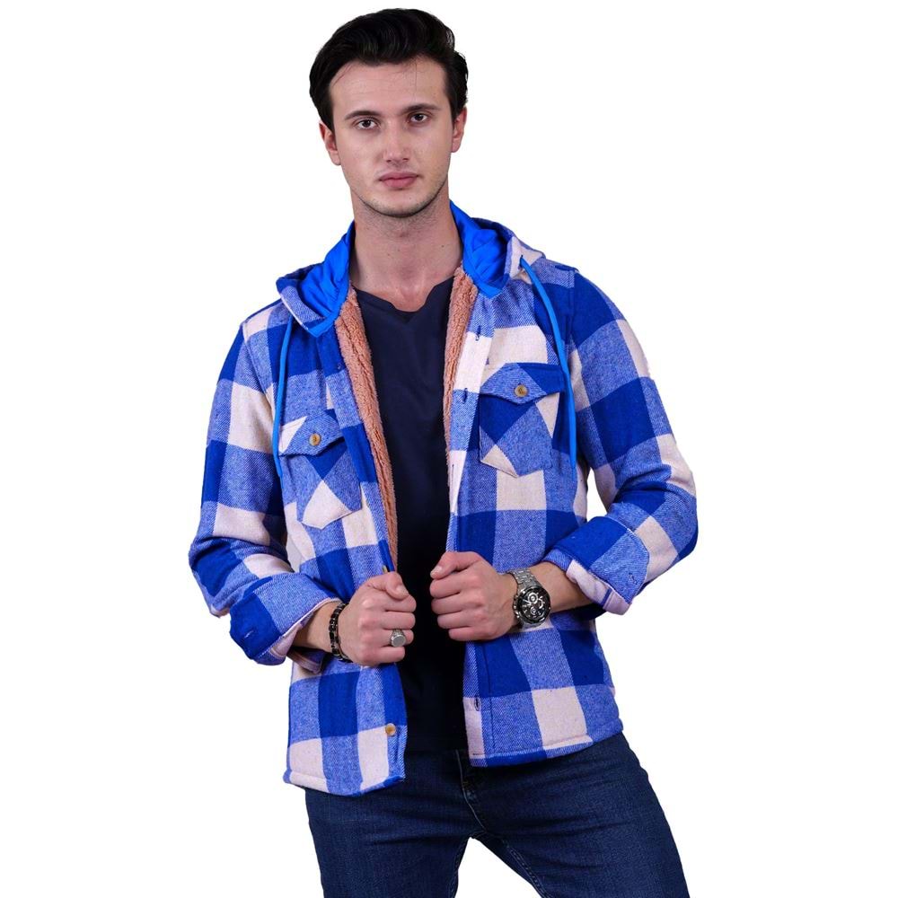 Sky Blue Beige Checkered Men's Fur Lined Jacket Shirt