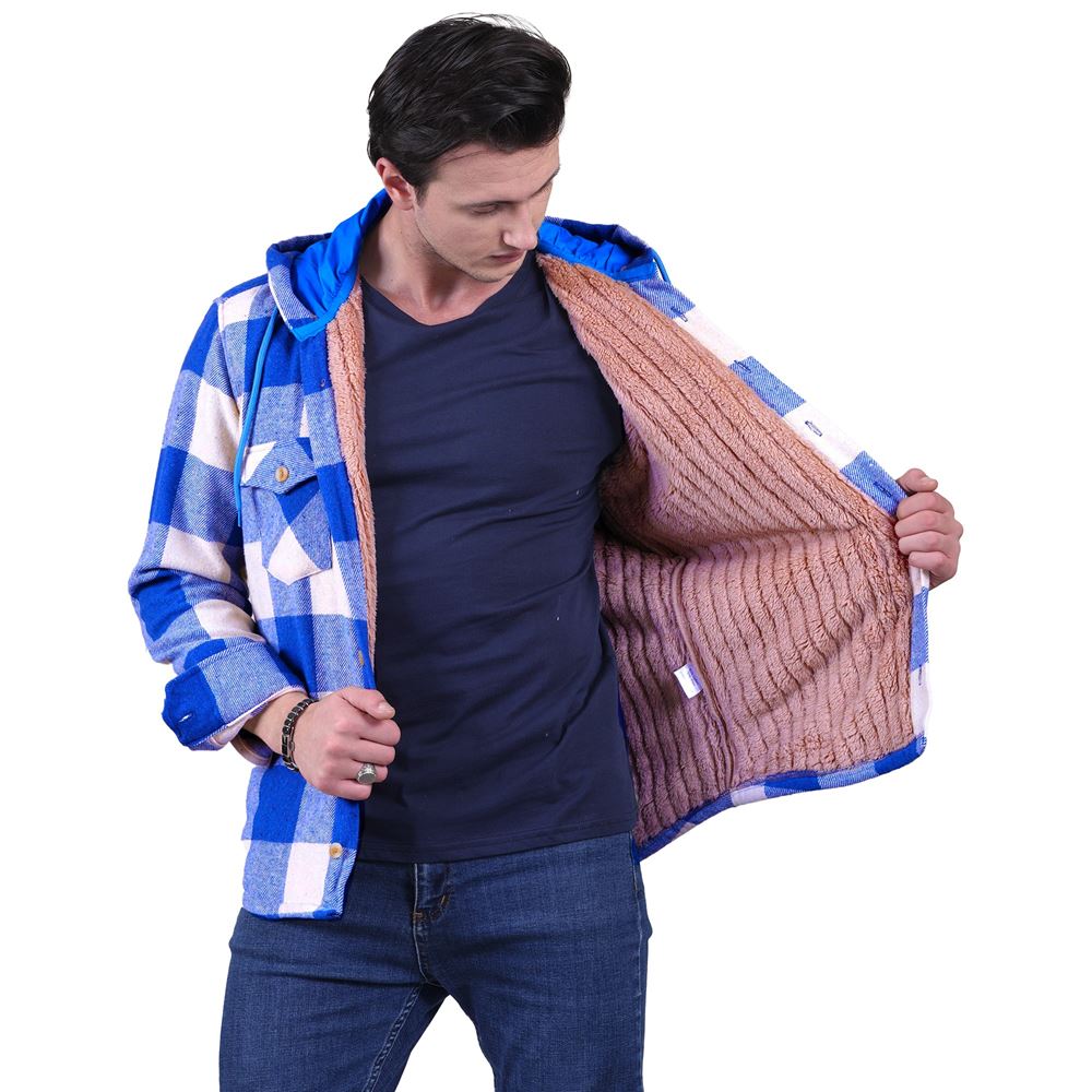 Sky Blue Beige Checkered Men's Fur Lined Jacket Shirt