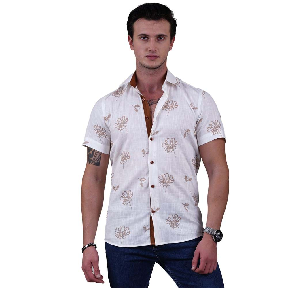 Cappucino Floral Printed on White Soft Washed Cotton Men's Short Sleeves Shirt