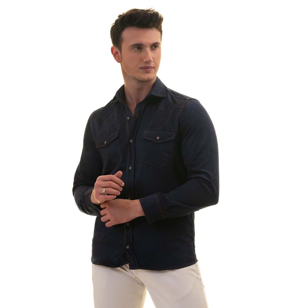 Navy Suede Western Style Men's Shirt