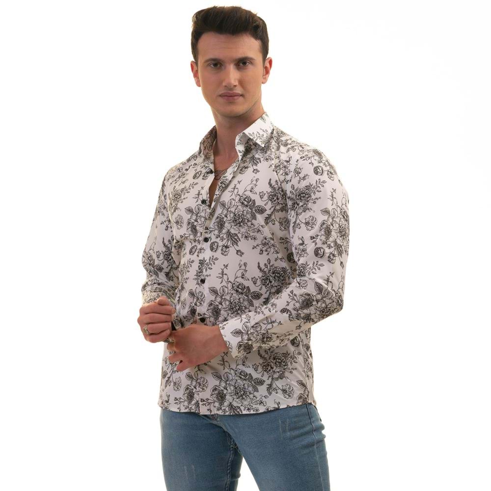 Black Roses on White Printed Designer Men's Shirt