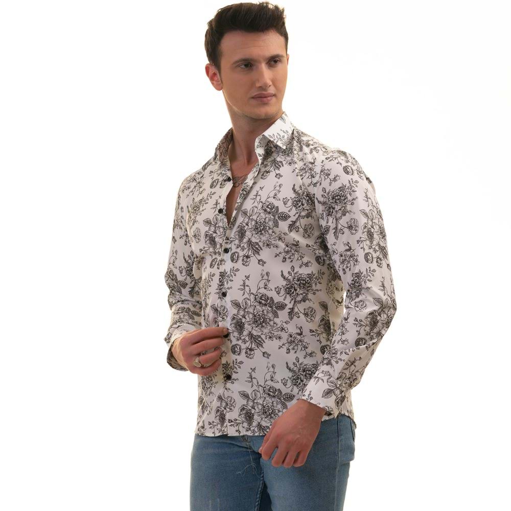Black Roses on White Printed Designer Men's Shirt