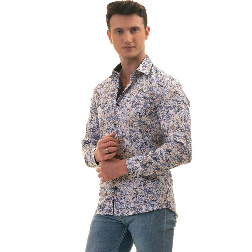 Blue White Leaves Printed Style Men's Shirt