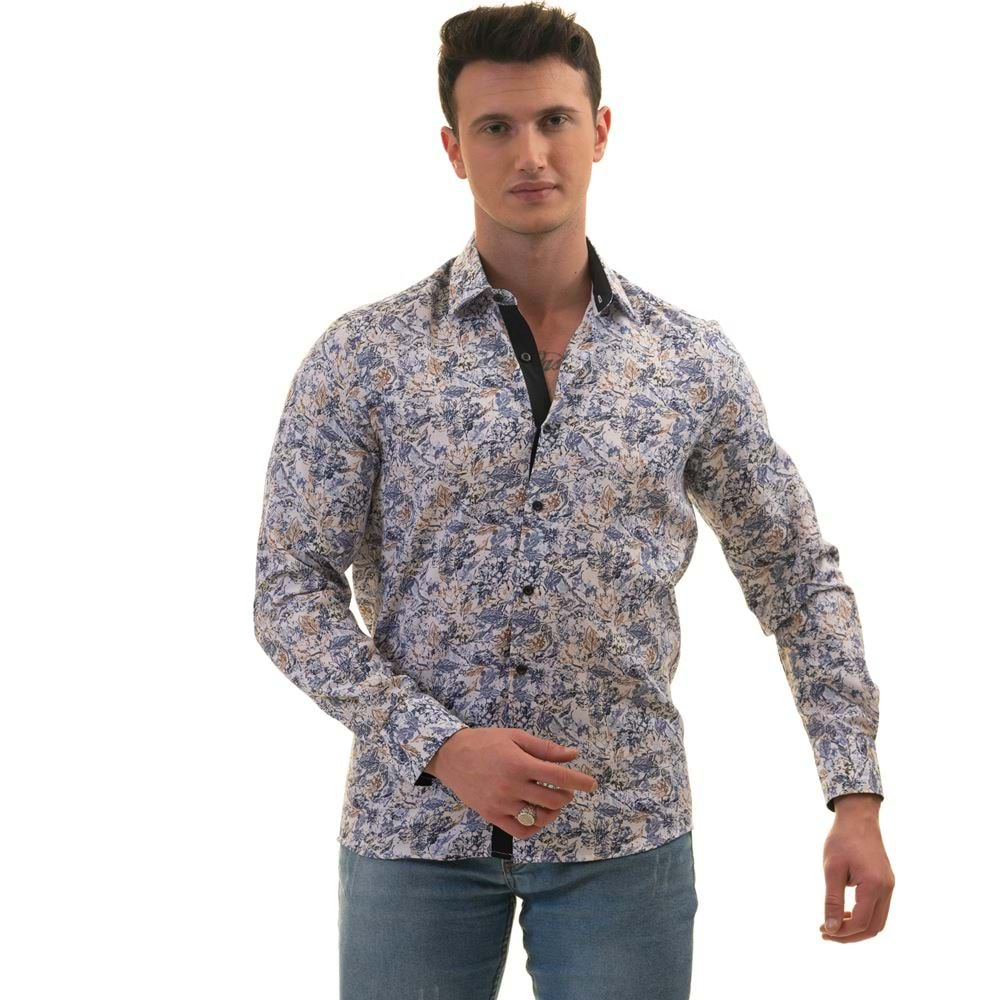 Blue White Leaves Printed Style Men's Shirt