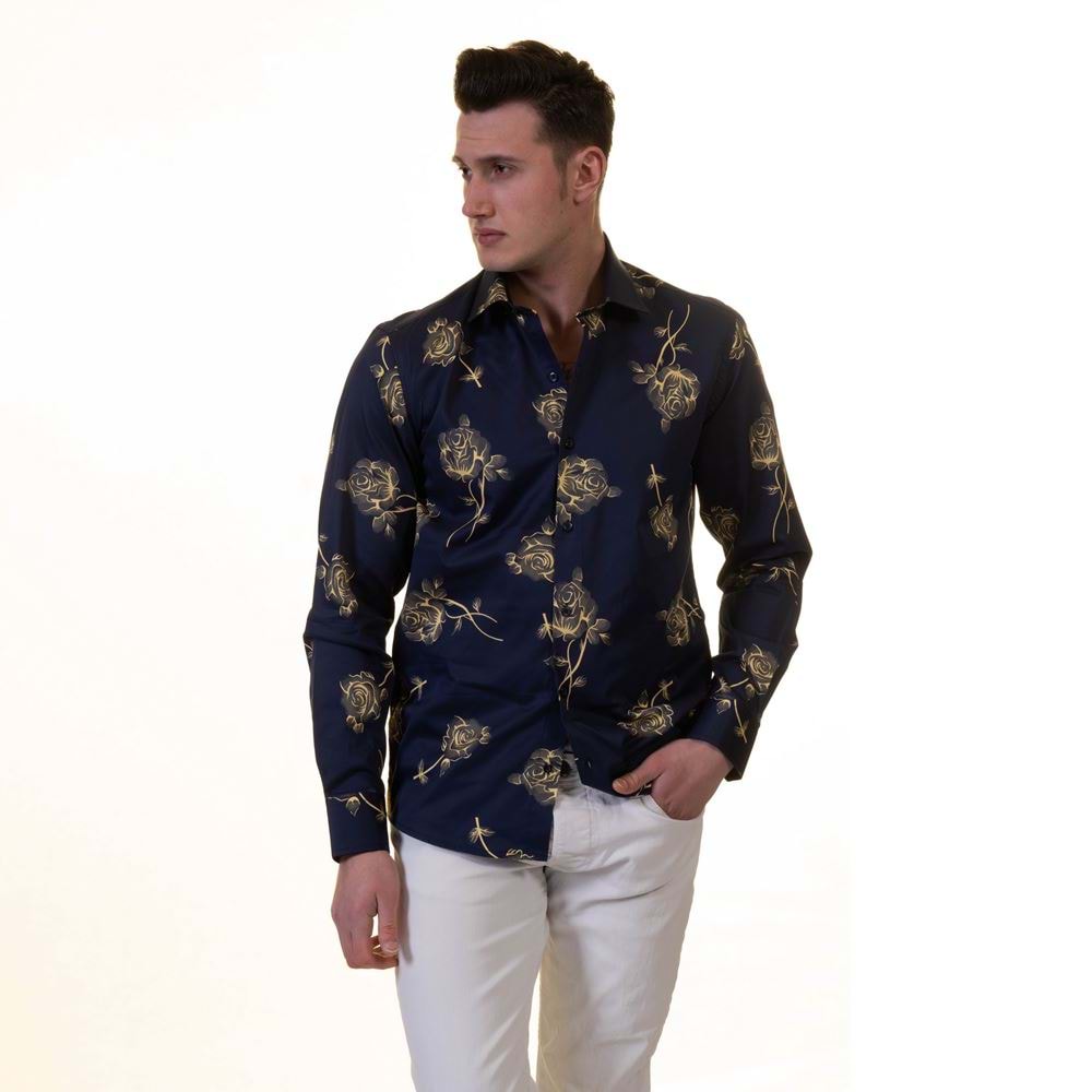 Navy Gold Floral Printed Cotton Men's Shirt